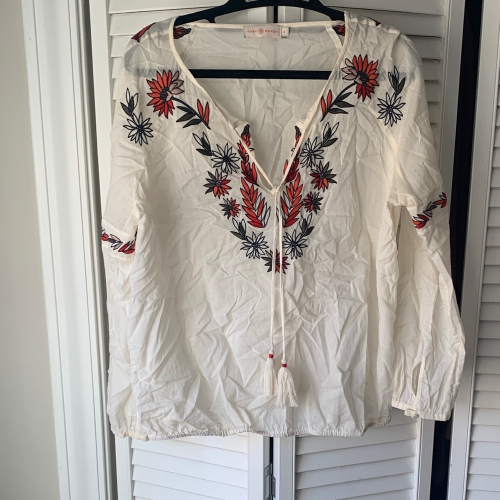 Tory Burch Cream Blouse with Red and Black Embroidery